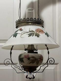 Victorian Hanging Oil Parlor Library Ceiling Lamp Hard Wired Floral Milk Glass