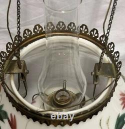 Victorian Hanging Oil Parlor Library Ceiling Lamp Hard Wired Floral Milk Glass