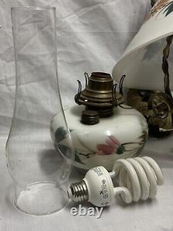 Victorian Hanging Oil Parlor Library Ceiling Lamp Hard Wired Floral Milk Glass