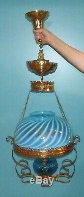 Victorian Hanging Parlor Oil Lamp With Hobb's Blue Swirl Antique Art Glass Shade