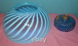 Victorian Hanging Parlor Oil Lamp With Hobb's Blue Swirl Antique Art Glass Shade