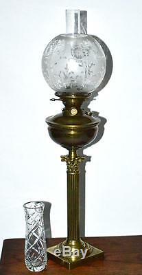 Victorian Hinks Corinthian Column Etched Glass Shade Oil Lamp PL2819