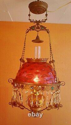 Victorian Jeweled Hanging converted Oil Parlor Lamp cranberry Bullseye shade