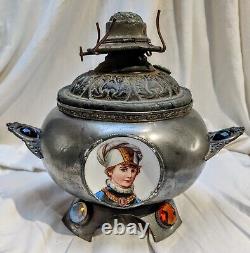 Victorian Jeweled antique porcelain inserts parlor oil lamp base