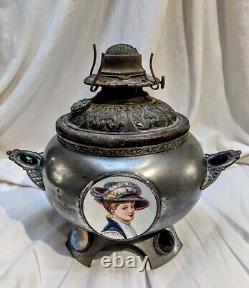 Victorian Jeweled antique porcelain inserts parlor oil lamp base