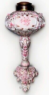 Victorian Junior Banquet Lamp Oil or Kerosene Applied Pink Flowers Gilt Antique