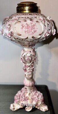 Victorian Junior Banquet Lamp Oil or Kerosene Applied Pink Flowers Gilt Antique