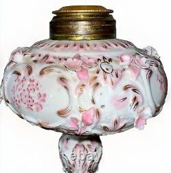 Victorian Junior Banquet Lamp Oil or Kerosene Applied Pink Flowers Gilt Antique