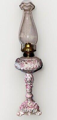 Victorian Junior Banquet Lamp Oil or Kerosene Applied Pink Flowers Gilt Antique