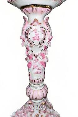 Victorian Junior Banquet Lamp Oil or Kerosene Applied Pink Flowers Gilt Antique