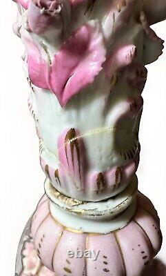 Victorian Junior Banquet Lamp Oil or Kerosene Applied Pink Flowers Gilt Antique