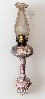 Victorian Junior Banquet Lamp Oil or Kerosene Applied Pink Flowers Gilt Antique