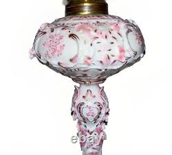 Victorian Junior Banquet Lamp Oil or Kerosene Applied Pink Flowers Gilt Antique