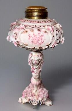 Victorian Junior Banquet Lamp Oil or Kerosene Applied Pink Flowers Gilt Antique