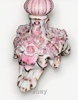 Victorian Junior Banquet Lamp Oil or Kerosene Applied Pink Flowers Gilt Antique