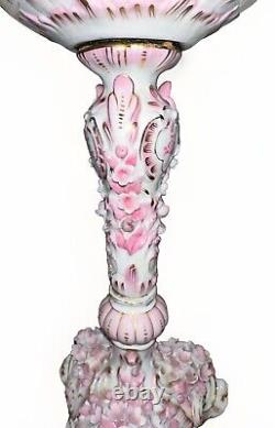 Victorian Junior Banquet Lamp Oil or Kerosene Applied Pink Flowers Gilt Antique