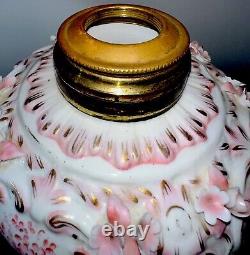 Victorian Junior Banquet Lamp Oil or Kerosene Applied Pink Flowers Gilt Antique