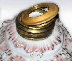 Victorian Junior Banquet Lamp Oil or Kerosene Applied Pink Flowers Gilt Antique