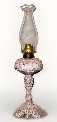 Victorian Junior Banquet Lamp Oil or Kerosene Applied Pink Flowers Gilt Antique