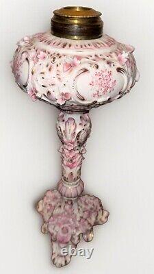 Victorian Junior Banquet Lamp Oil or Kerosene Applied Pink Flowers Gilt Antique