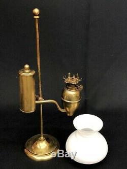 Victorian Miniature Brass Student Kerosene Oil Lamp with Correct Shade NR EXC