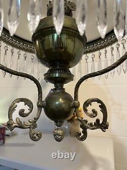 Victorian Oil Hanging Lamp with Milk Glass Shade Jeweled
