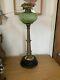 Victorian Oil Lamp Green Glass On Brass Column And Wooden Base