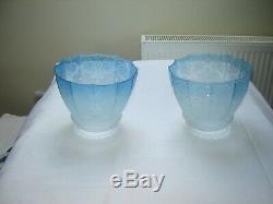Victorian Oil Lamp Shades Matching Blue Pair Perfect Condition