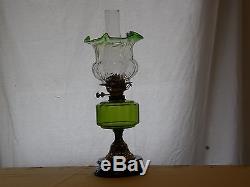 Victorian Oil Lamp, Young's Duplex Burner, Art Glass Shade, Brass