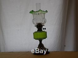 Victorian Oil Lamp, Young's Duplex Burner, Art Glass Shade, Brass