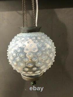 Victorian Opalescent Hobnail Electrified Oil Lamp Hanging Pulley System ReWired