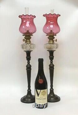 Victorian Pair Of Cut Crystal Peg Oil Lamps With Cranberry Glass Shades