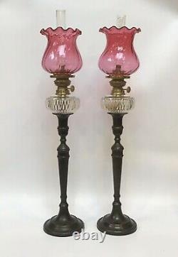 Victorian Pair Of Cut Crystal Peg Oil Lamps With Cranberry Glass Shades