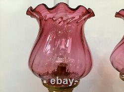 Victorian Pair Of Cut Crystal Peg Oil Lamps With Cranberry Glass Shades