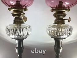 Victorian Pair Of Cut Crystal Peg Oil Lamps With Cranberry Glass Shades