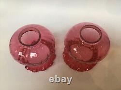 Victorian Pair Of Cut Crystal Peg Oil Lamps With Cranberry Glass Shades