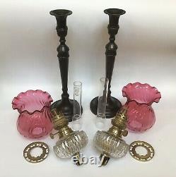 Victorian Pair Of Cut Crystal Peg Oil Lamps With Cranberry Glass Shades