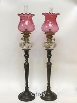 Victorian Pair Of Cut Crystal Peg Oil Lamps With Cranberry Glass Shades