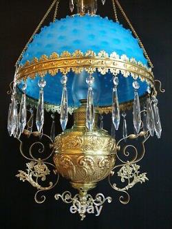 Victorian Parker Hanging Library Oil Lamp Satin Blue Glass Hobnail Shade Antique