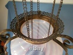 Victorian Pink Opalescent Swirl Glass Shade Hanging Pull Down Hall Oil Lamp