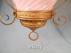 Victorian Pink Opalescent Swirl Glass Shade Hanging Pull Down Hall Oil Lamp