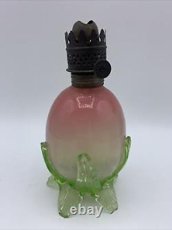 Victorian Pink Opalescent Uranium Vaseline Glass Miniature Oil Lamp DAMAGED