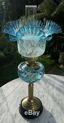 Victorian Style Blue Glass Oil Lamp Duplex Twin Burner 24 Tall