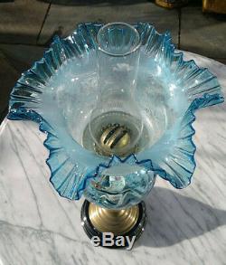 Victorian Style Blue Glass Oil Lamp Duplex Twin Burner 24 Tall