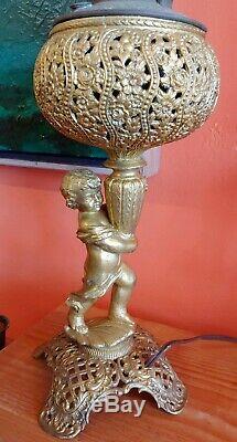 Victorian converted Cherub Oil Parlor Table Lamp Gone with the Wind Fenton Shade