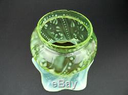 Victorian green uranium glass oil lamp shade with opalescent flowers antique