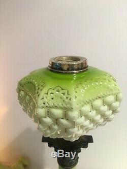 Victorian lime green basket weave oil lamp and matching base