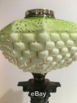 Victorian lime green basket weave oil lamp and matching base