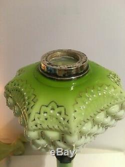 Victorian lime green basket weave oil lamp and matching base