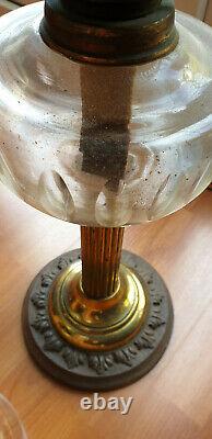 Victorian oil lamp cut glass font on brass column base double burner